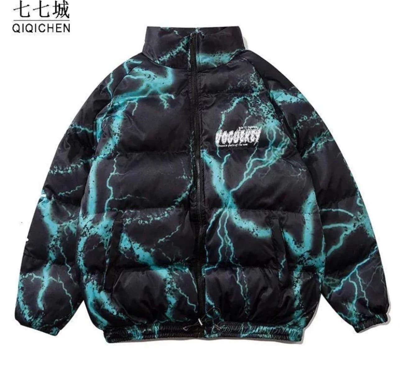 black and teal lightning puffer jacket